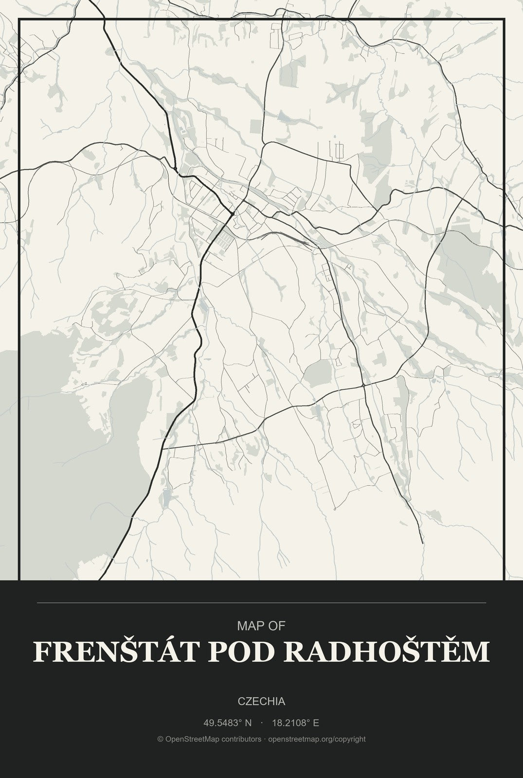 Frenštát pod Radhoštěm, Czechia City Map Aluminum Sign in Museum Plaque style