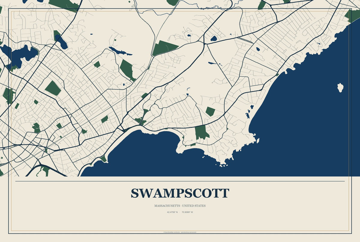 Swampscott, Massachusetts City Map Aluminum Sign in Coastal Cutout style