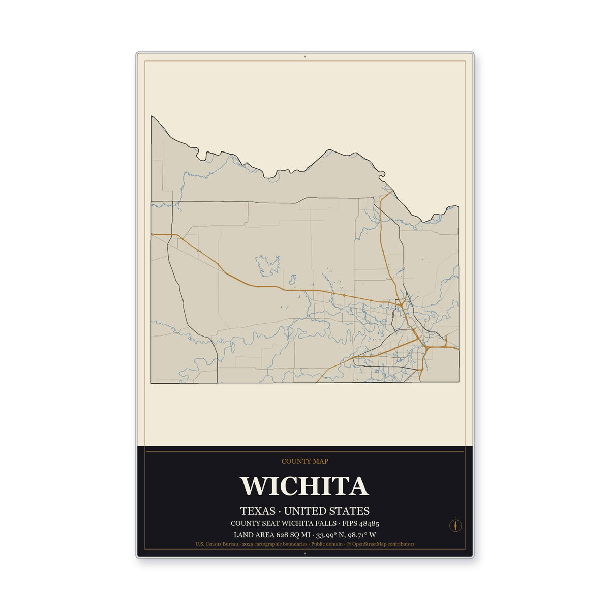 Wichita County, Texas Map Aluminum Sign in Museum Plaque style