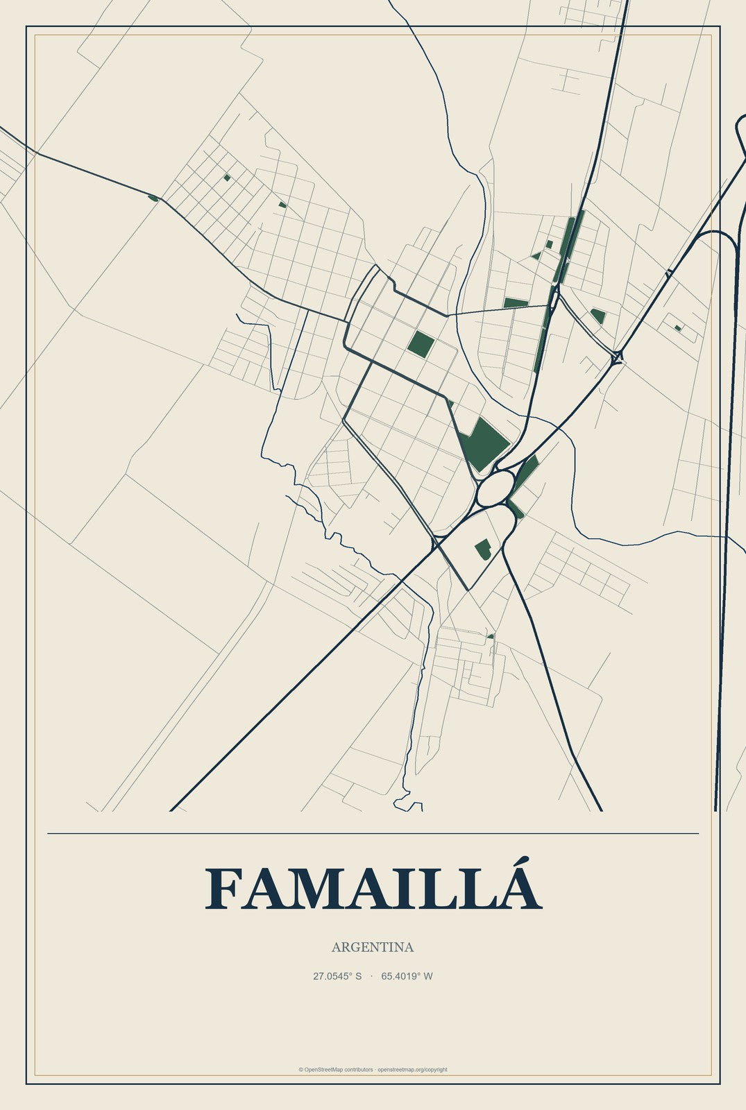 Famaillá, Argentina City Map Aluminum Sign in Coastal Cutout style