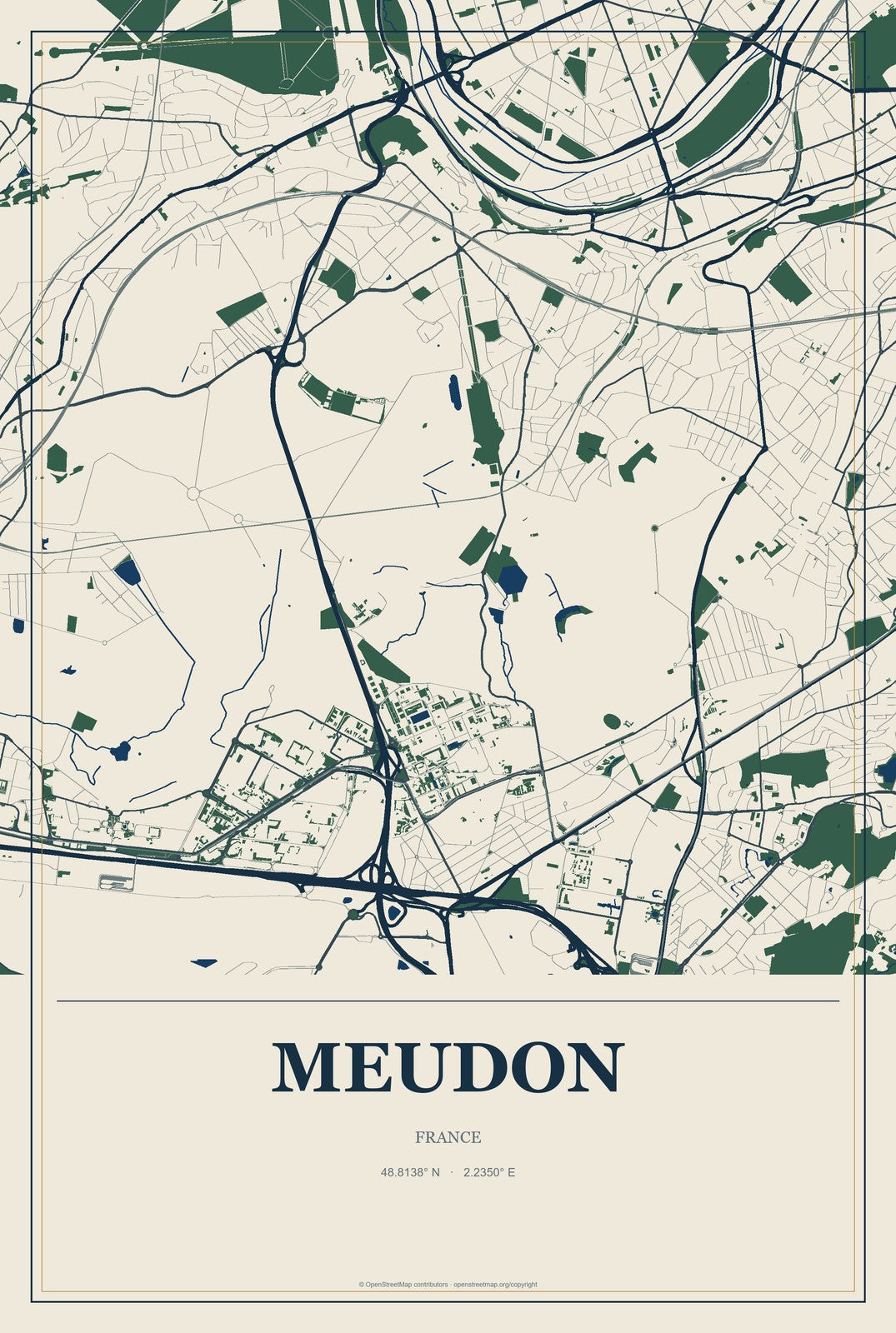 Meudon, France City Map Aluminum Sign in Coastal Cutout style