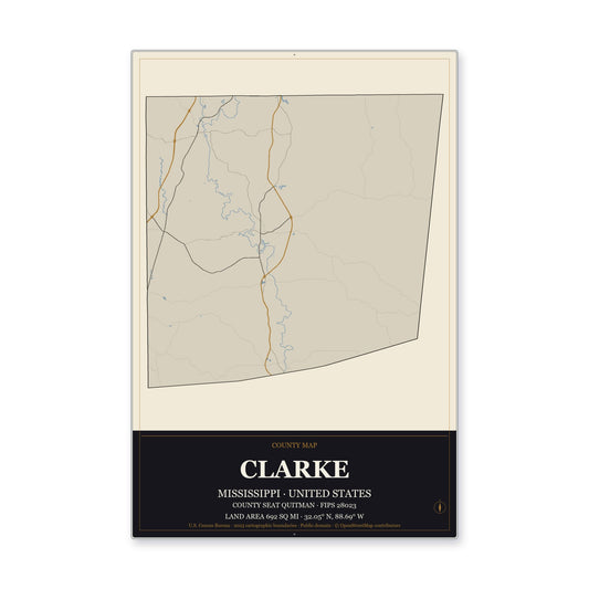 Clarke County, Mississippi Map Aluminum Sign in Museum Plaque style