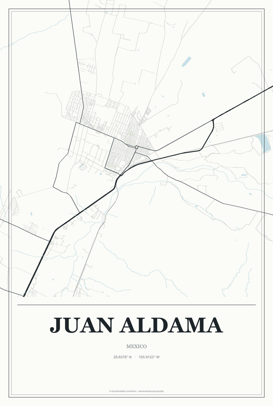 Juan Aldama, Chihuahua, Mexico City Map Aluminum Sign in Gallery Air style