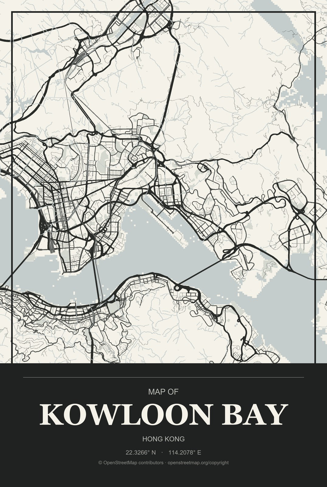 Kowloon Bay, Hong Kong City Map Aluminum Sign in Museum Plaque style