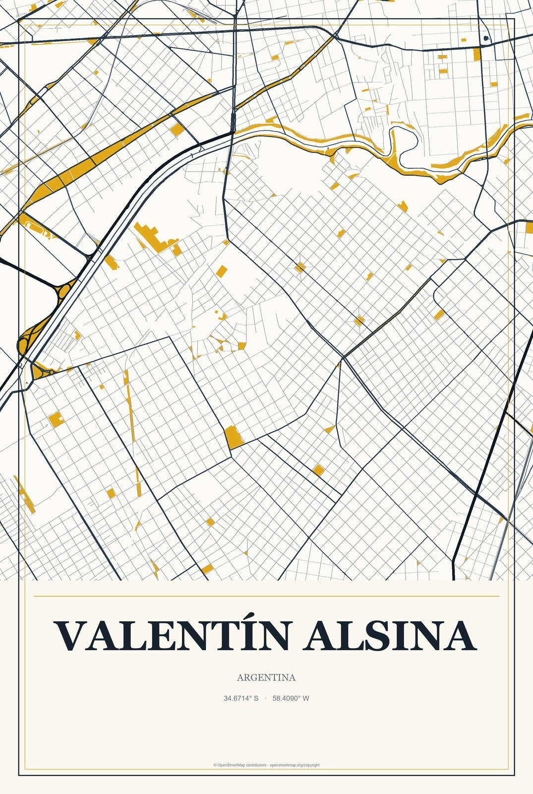 Valentín Alsina, Argentina City Map Aluminum Sign in Citrine Modern style