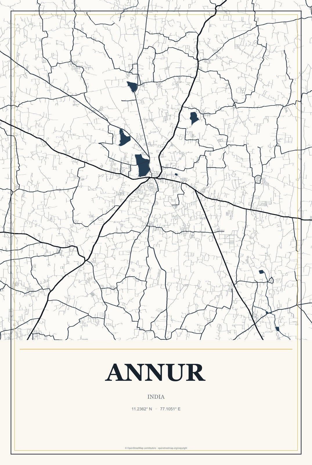 Annur, India City Map Aluminum Sign in Citrine Modern style