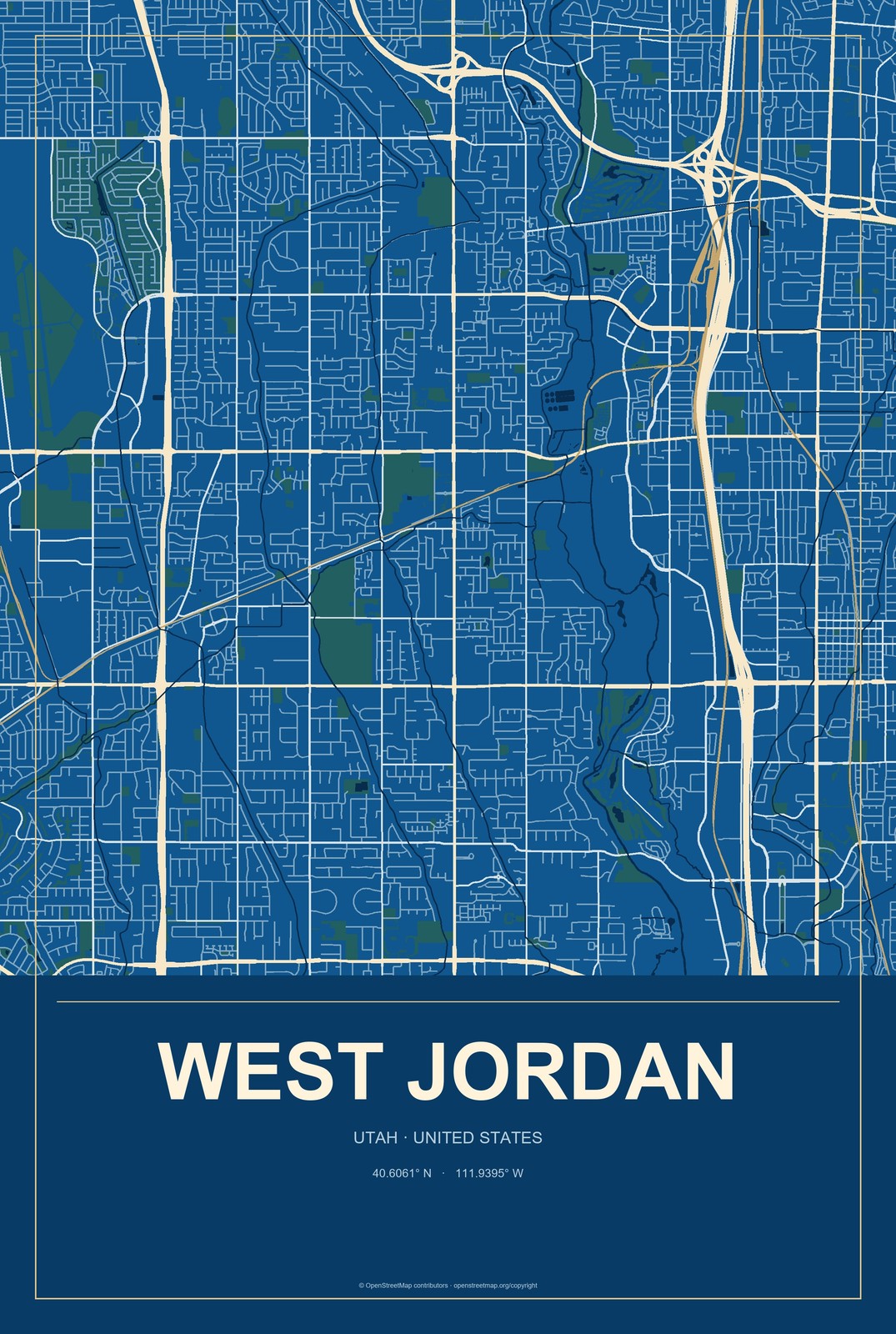 West Jordan, Utah City Map Aluminum Sign in Harbor Cobalt style