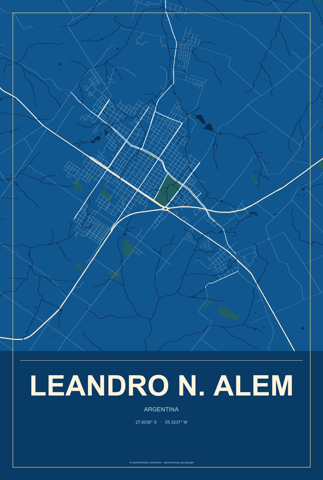 Leandro N. Alem, Argentina City Map Aluminum Sign in Harbor Cobalt style