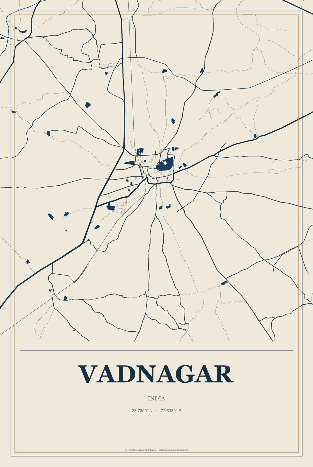 Vadnagar, India City Map Aluminum Sign in Coastal Cutout style