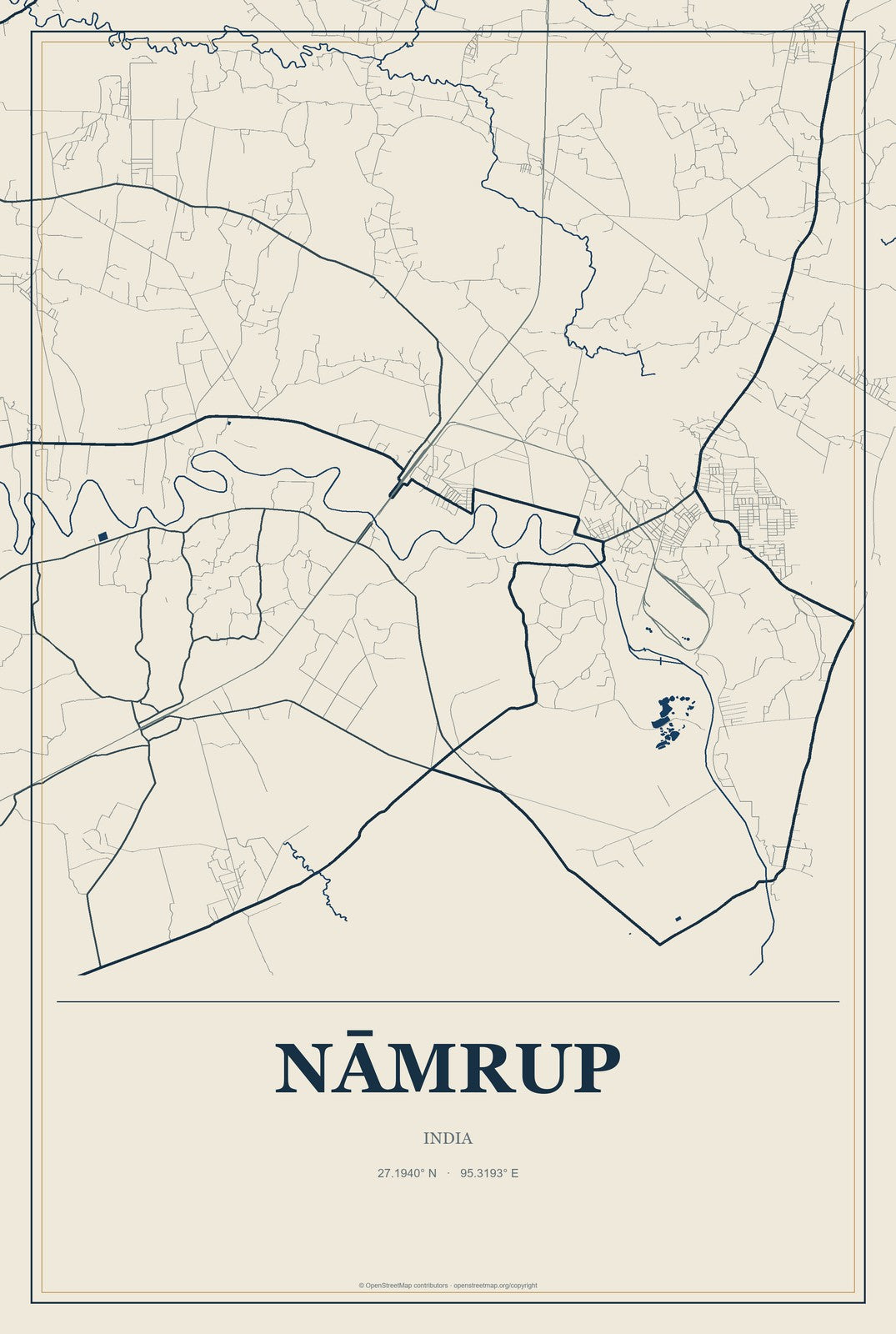 Nāmrup, India City Map Aluminum Sign in Coastal Cutout style
