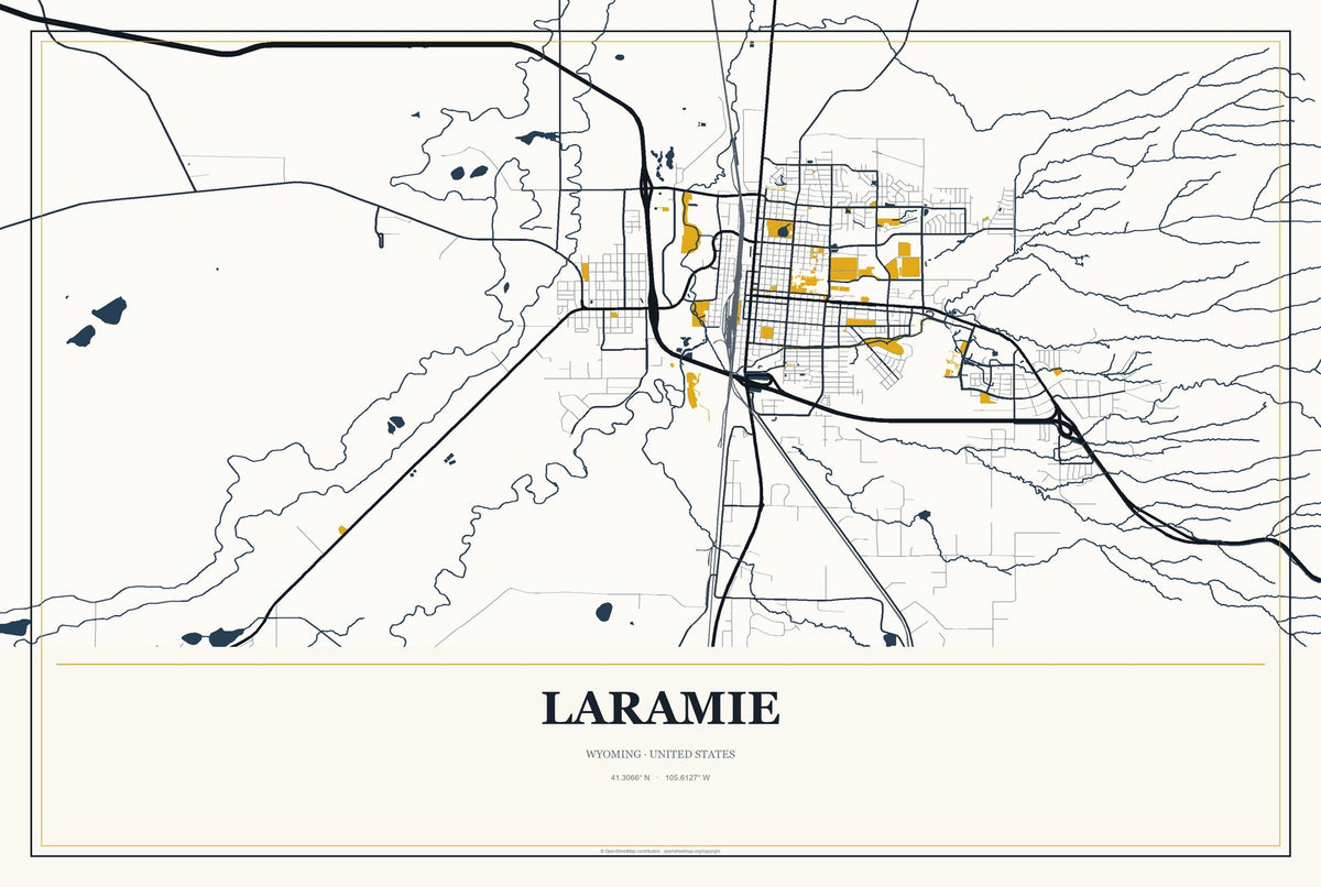 Laramie, Wyoming City Map Aluminum Sign in Citrine Modern style