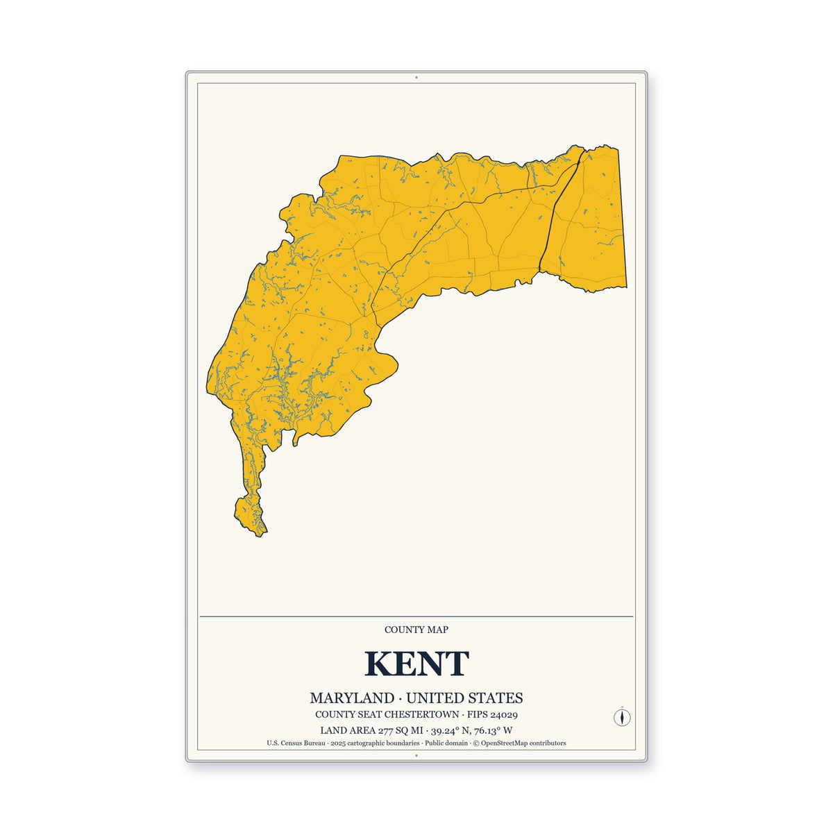 Kent County, Maryland Map Aluminum Sign in Citrine Modern style