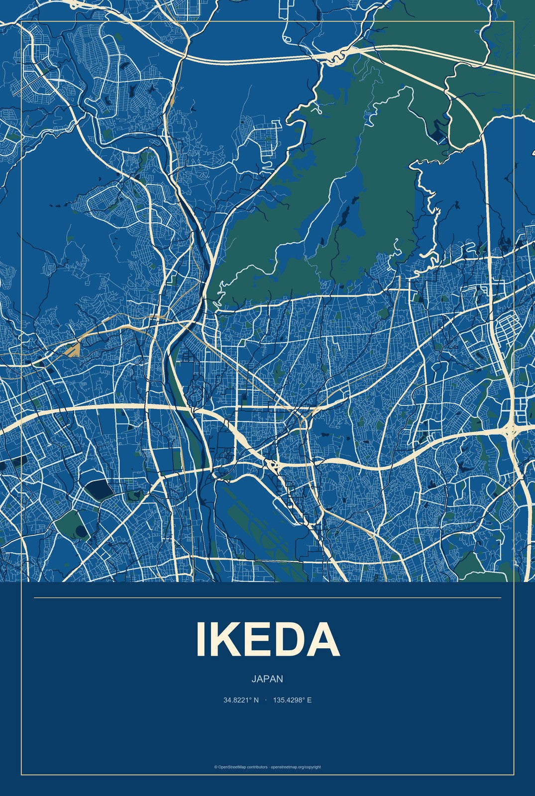 Ikeda, Japan City Map Aluminum Sign in Harbor Cobalt style