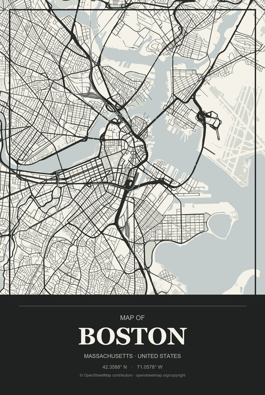 Boston, Massachusetts City Map Aluminum Sign in Museum Plaque style