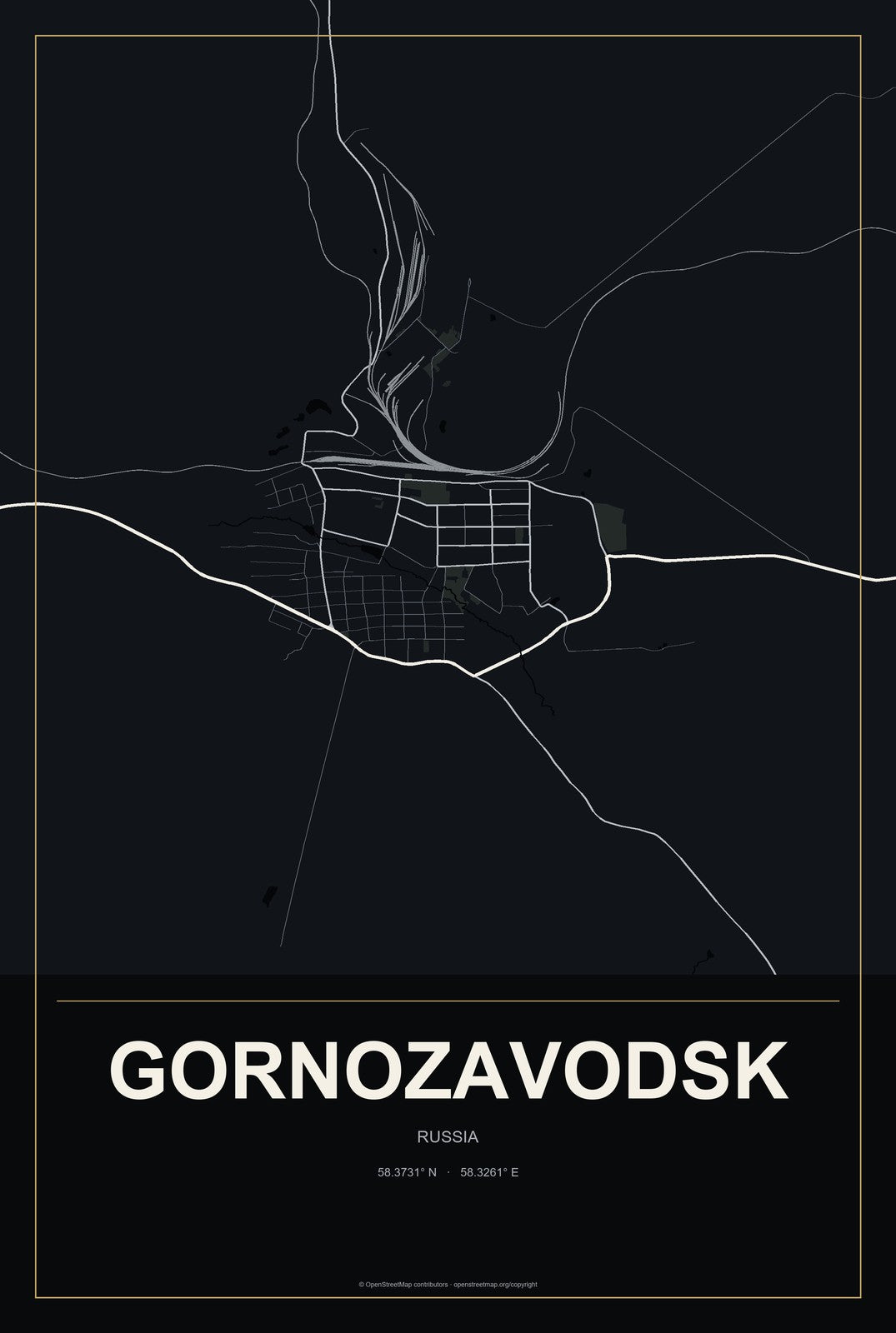 Gornozavodsk, Russia City Map Aluminum Sign in Metropolitan Noir style