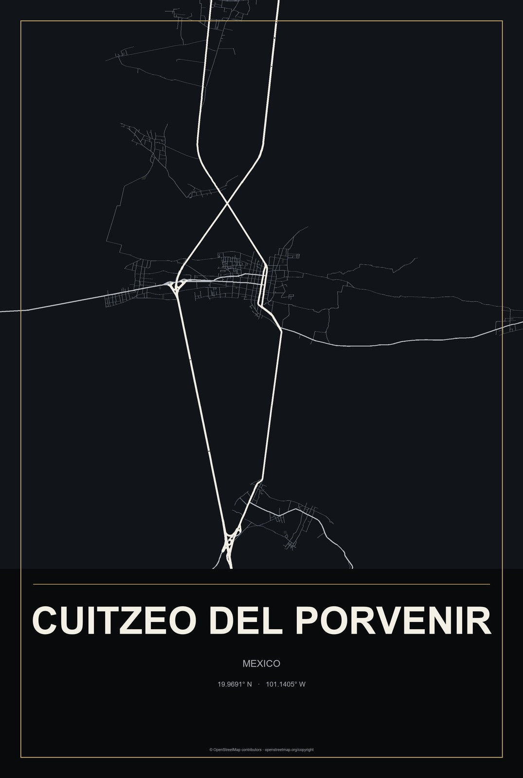Cuitzeo del Porvenir, Mexico City Map Aluminum Sign in Metropolitan Noir style