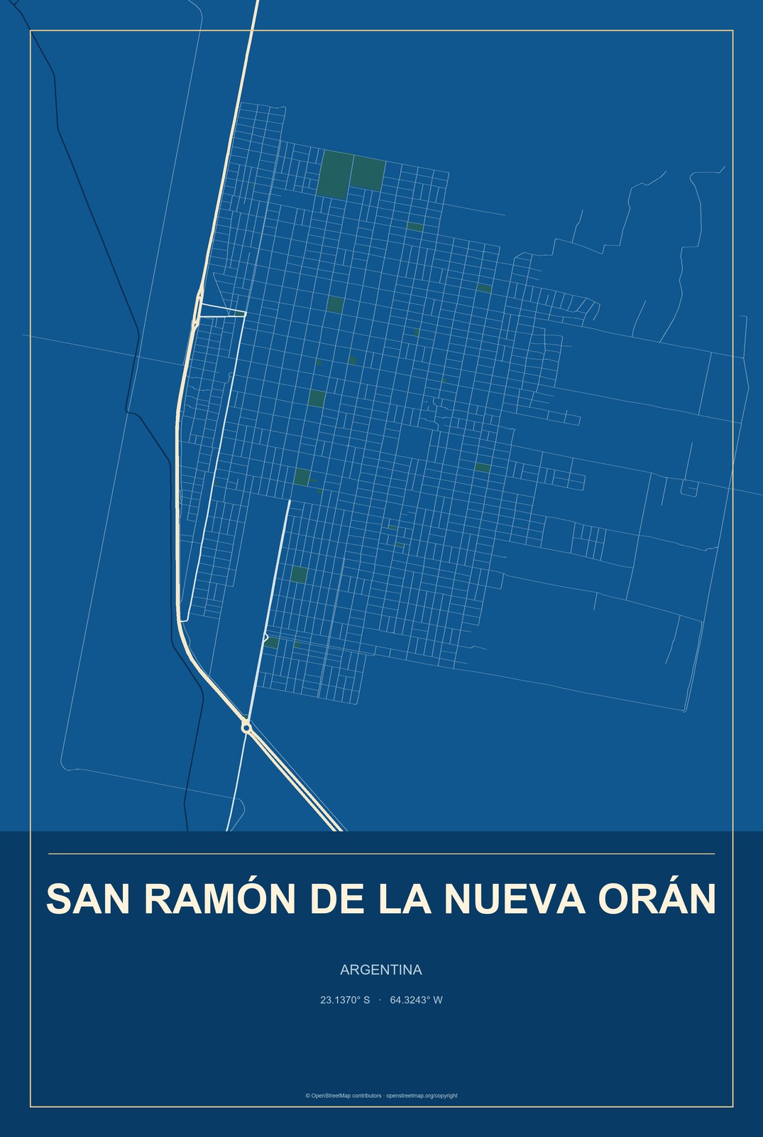 San Ramón de la Nueva Orán, Argentina City Map Aluminum Sign in Harbor Cobalt style