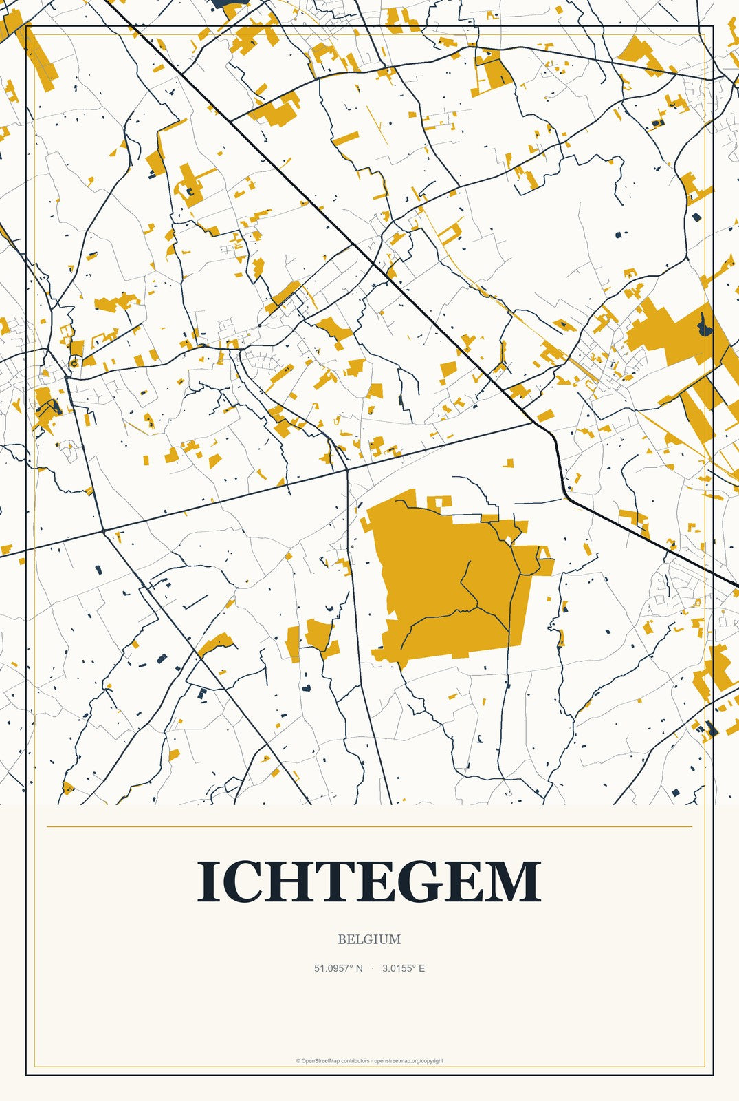 Ichtegem, Belgium City Map Aluminum Sign in Citrine Modern style