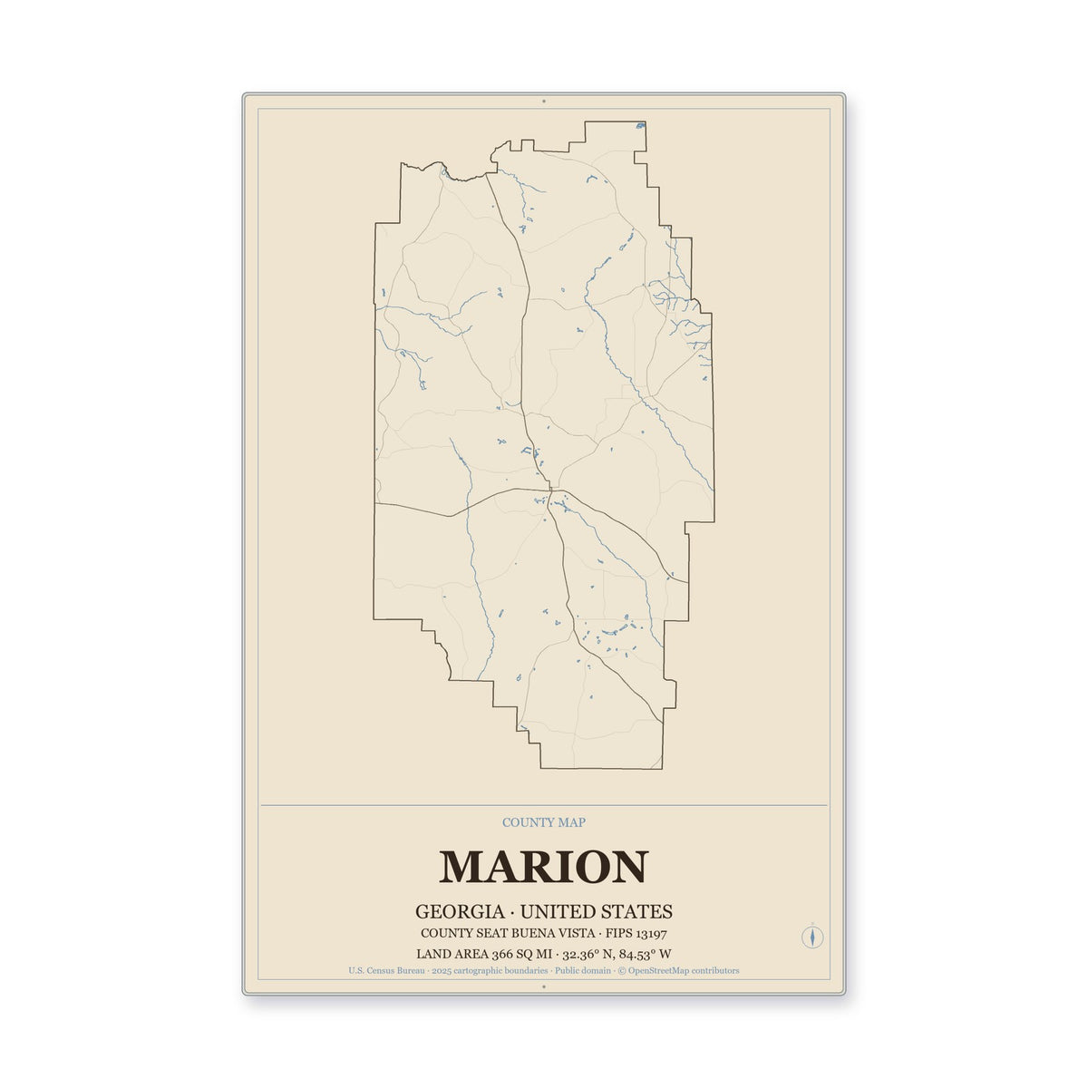 Marion County, Georgia Map Aluminum Sign in Heritage Nautical style