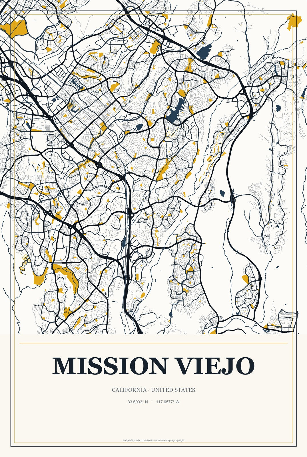 Mission Viejo, California City Map Aluminum Sign in Citrine Modern style