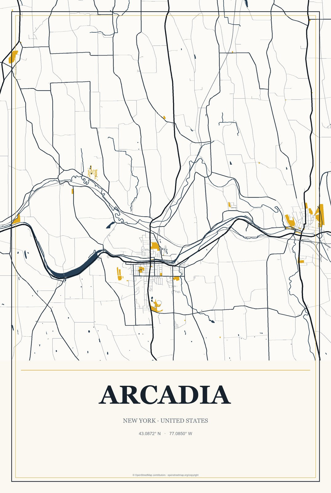 Arcadia, New York City Map Aluminum Sign in Citrine Modern style