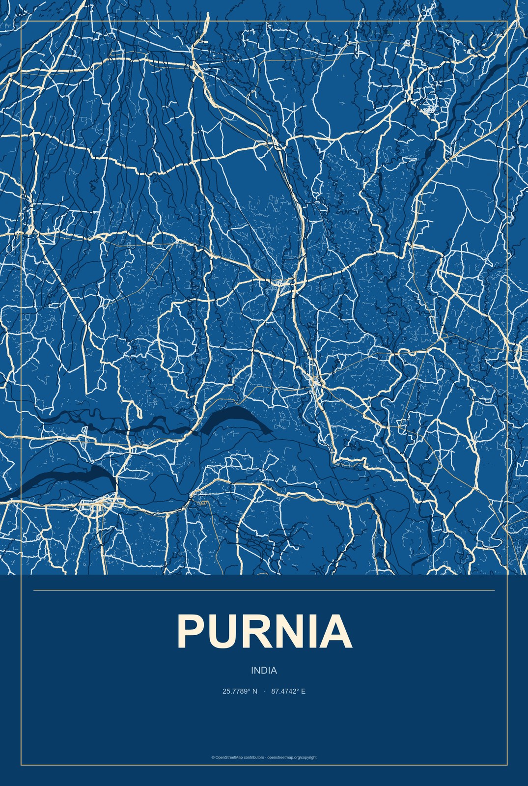Purnia, India City Map Aluminum Sign in Harbor Cobalt style