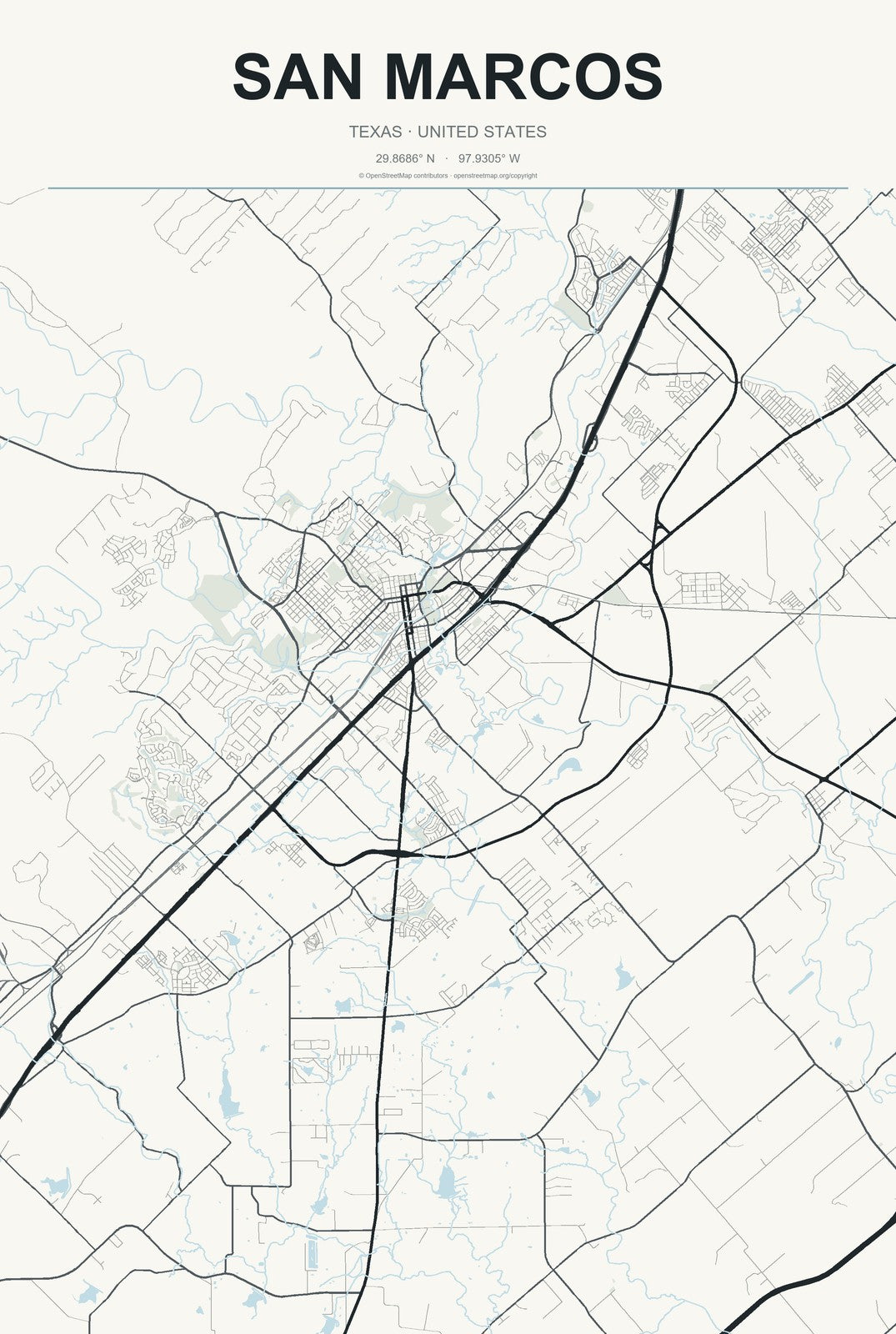 San Marcos, Texas City Map Aluminum Sign in Headline Atlas style