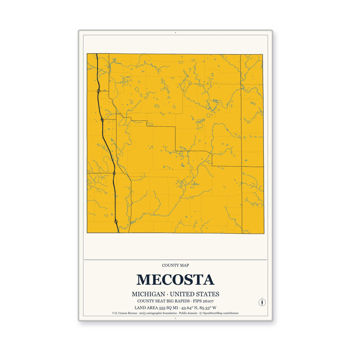 Mecosta County, Michigan Map Aluminum Sign in Citrine Modern style