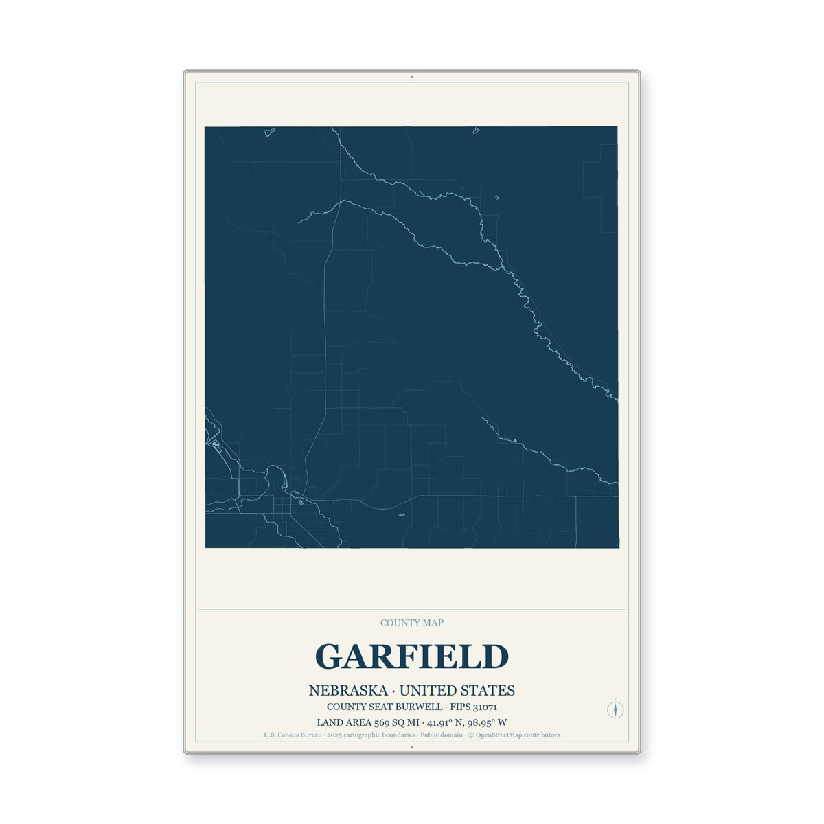 Garfield County, Nebraska Map Aluminum Sign in Coastal Cutout style