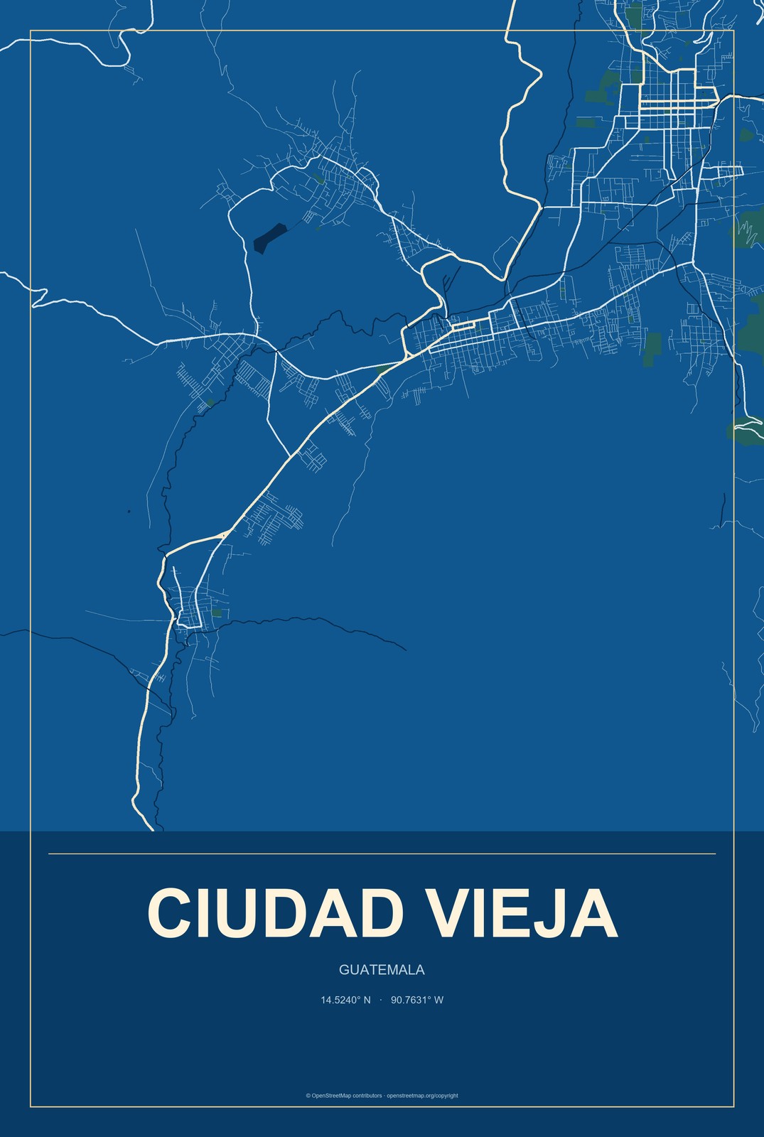 Ciudad Vieja, Guatemala City Map Aluminum Sign in Harbor Cobalt style