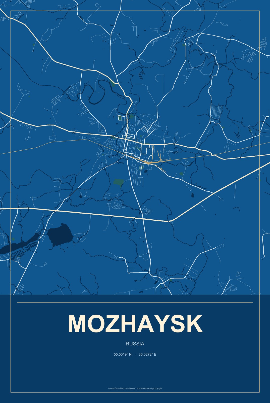 Mozhaysk, Russia City Map Aluminum Sign in Harbor Cobalt style
