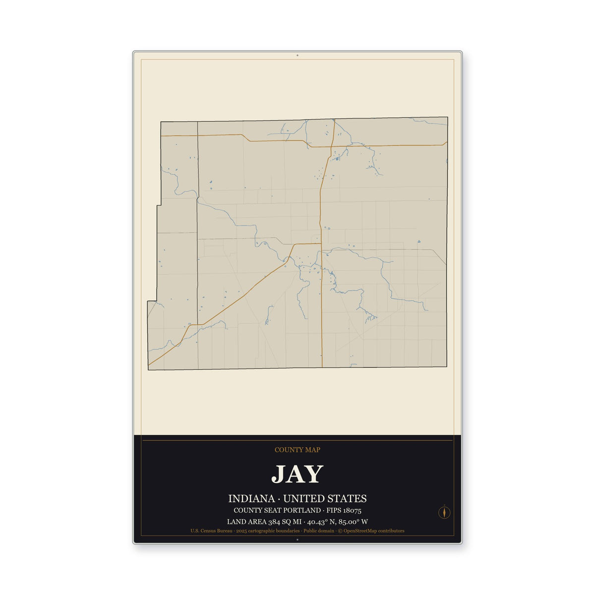 Jay County, Indiana Map Aluminum Sign in Museum Plaque style