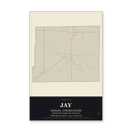 Jay County, Indiana Map Aluminum Sign in Museum Plaque style