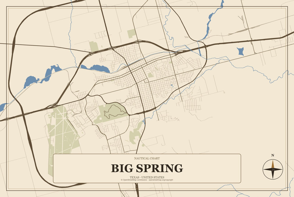 Big Spring, Texas City Map Aluminum Sign in Heritage Nautical style