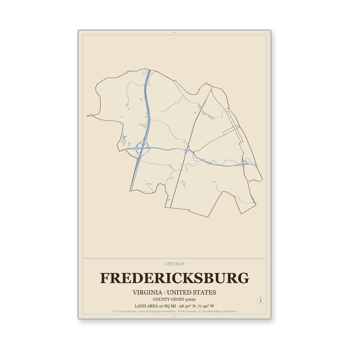 Fredericksburg city, Virginia Map Aluminum Sign in Heritage Nautical style