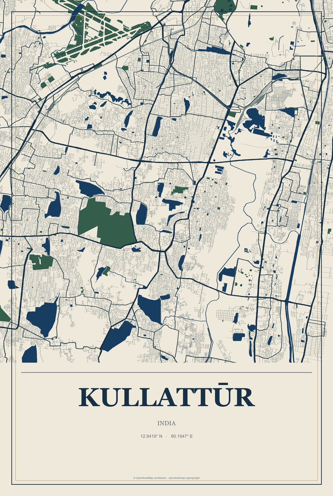 Kullattūr, India City Map Aluminum Sign in Coastal Cutout style