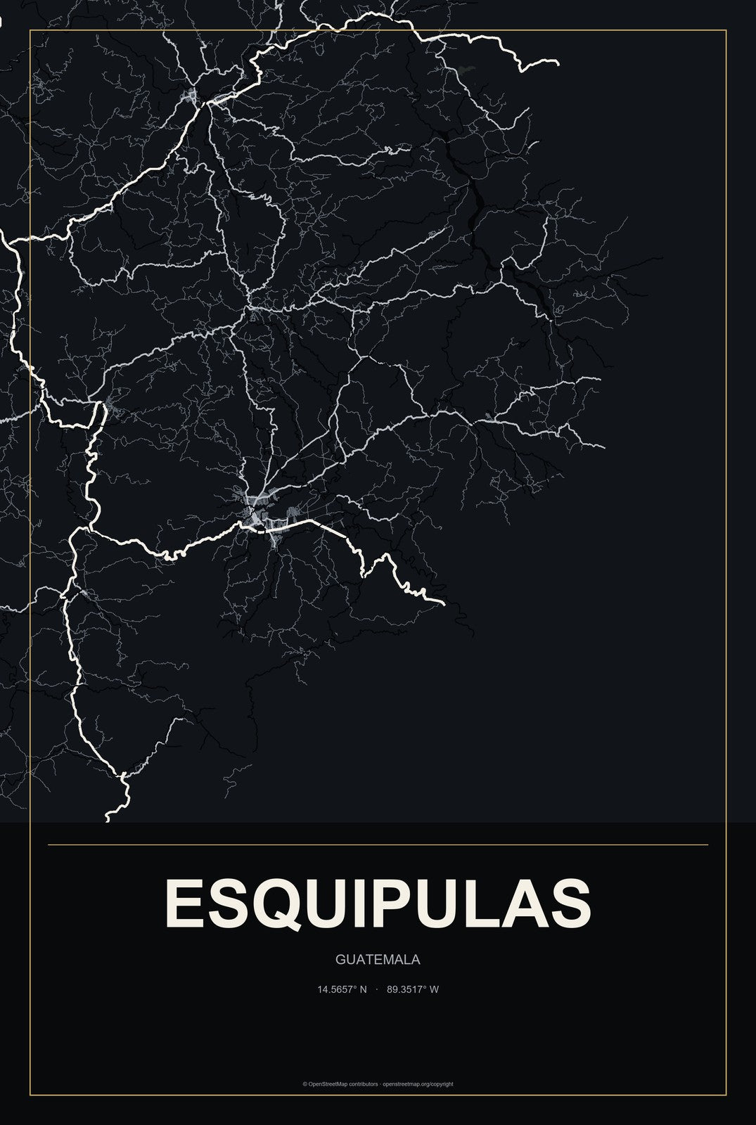Esquipulas, Guatemala City Map Aluminum Sign in Metropolitan Noir style
