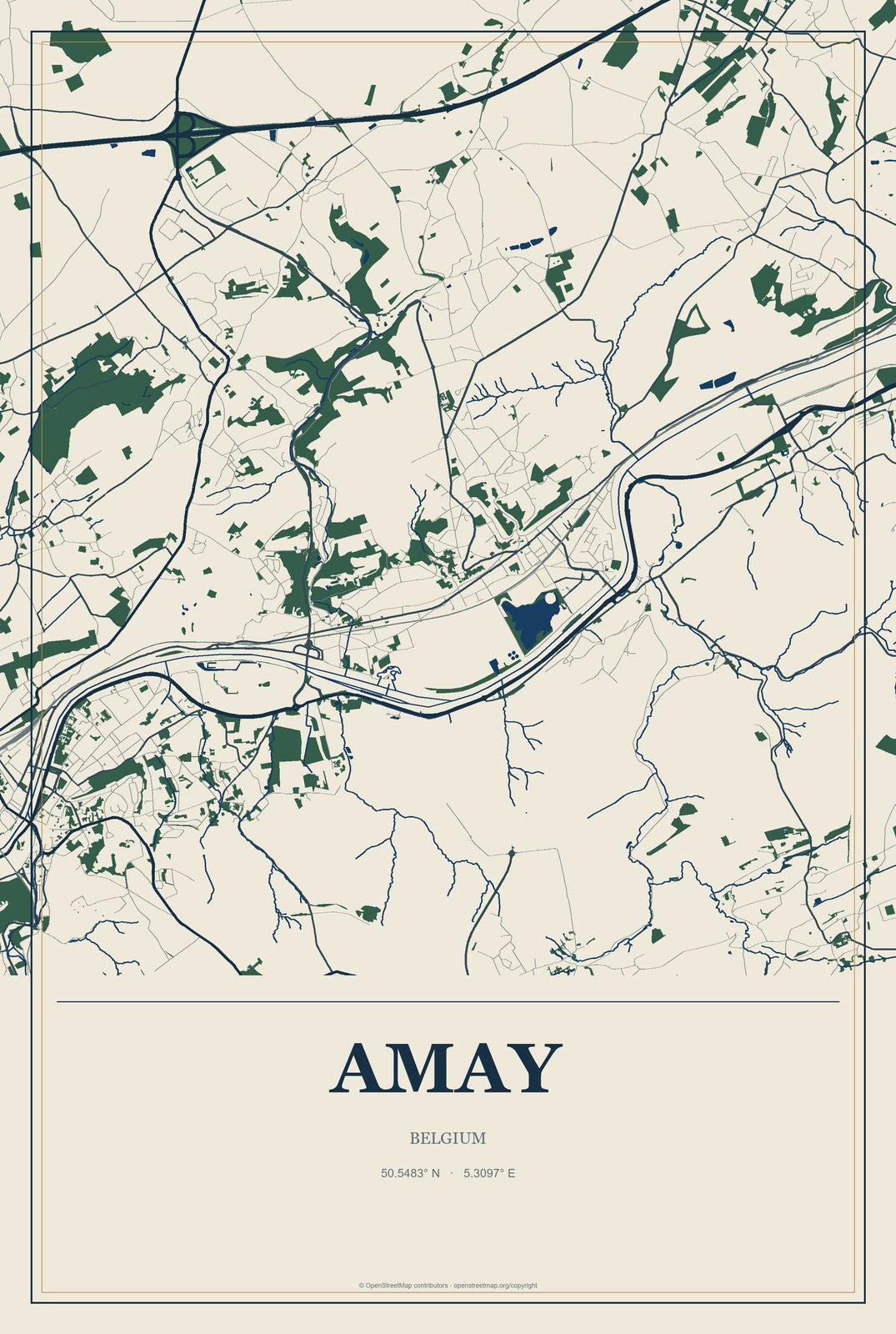 Amay, Belgium City Map Aluminum Sign in Coastal Cutout style