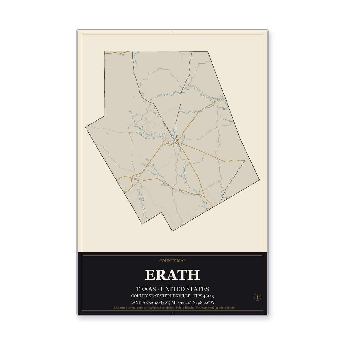 Erath County, Texas Map Aluminum Sign in Museum Plaque style
