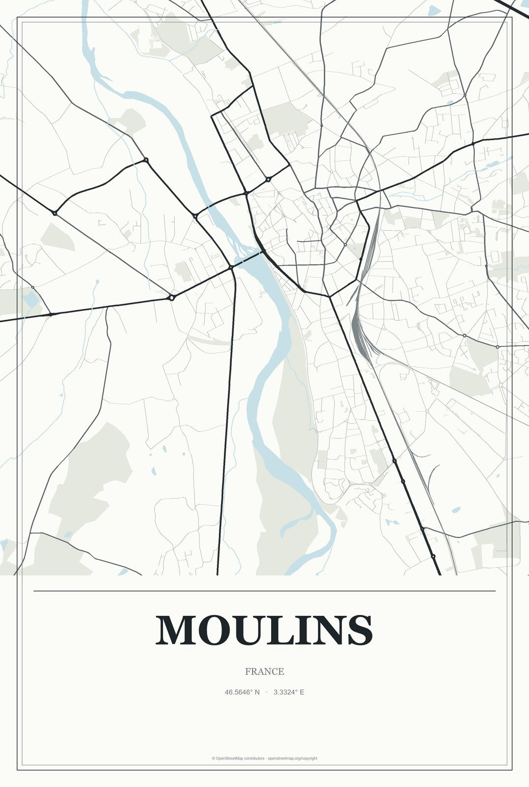 Moulins, France City Map Aluminum Sign in Gallery Air style