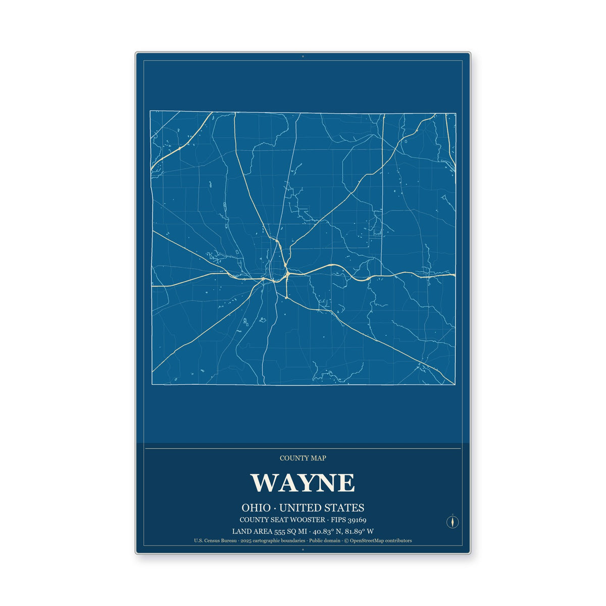 Wayne County, Ohio Map Aluminum Sign in Harbor Cobalt style