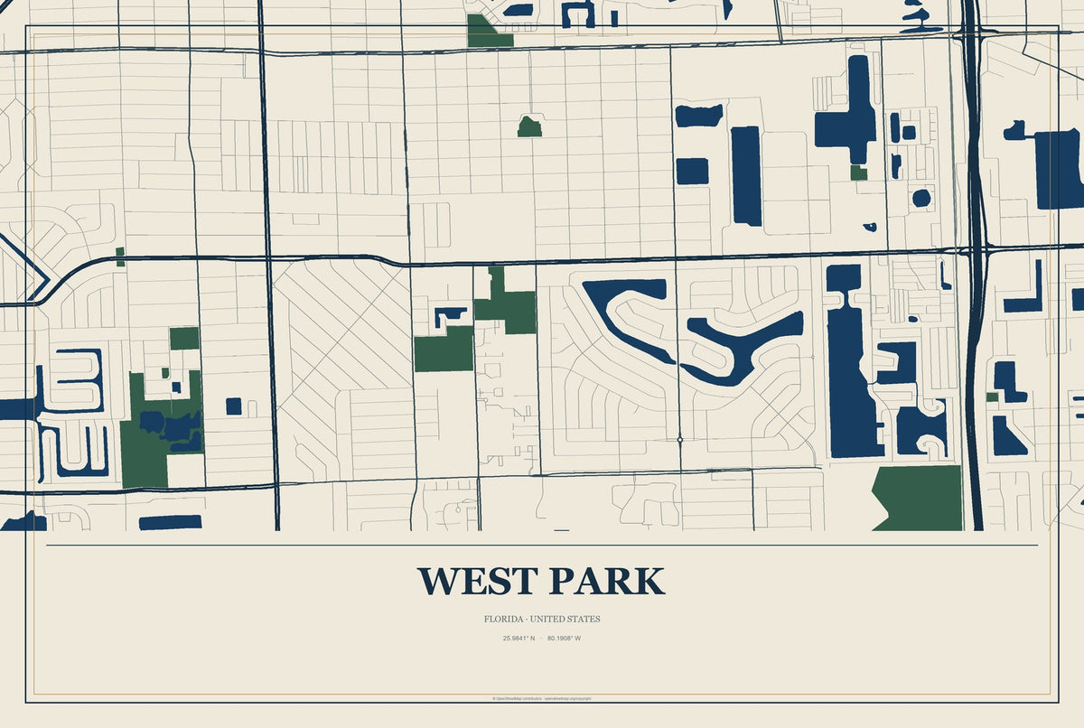 West Park, Florida City Map Aluminum Sign in Coastal Cutout style