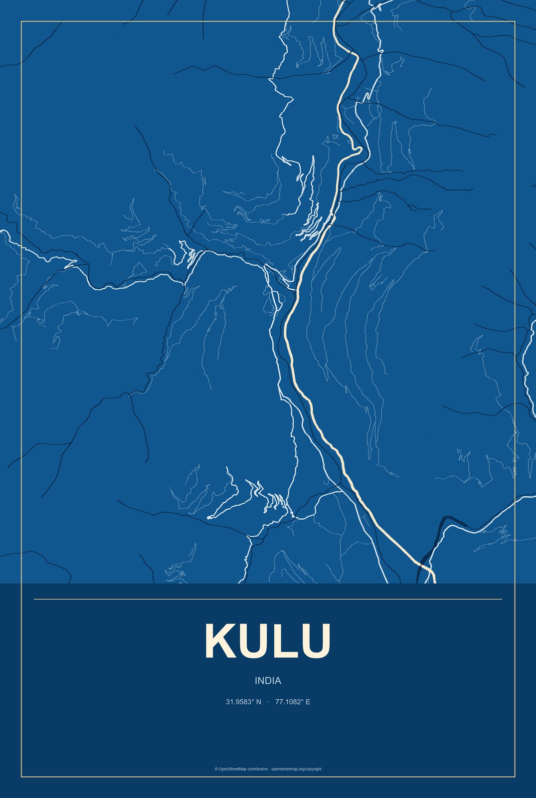 Kulu, India City Map Aluminum Sign in Harbor Cobalt style