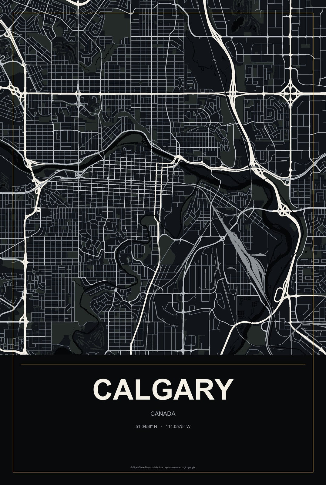 Calgary, Canada City Map Aluminum Sign in Metropolitan Noir style