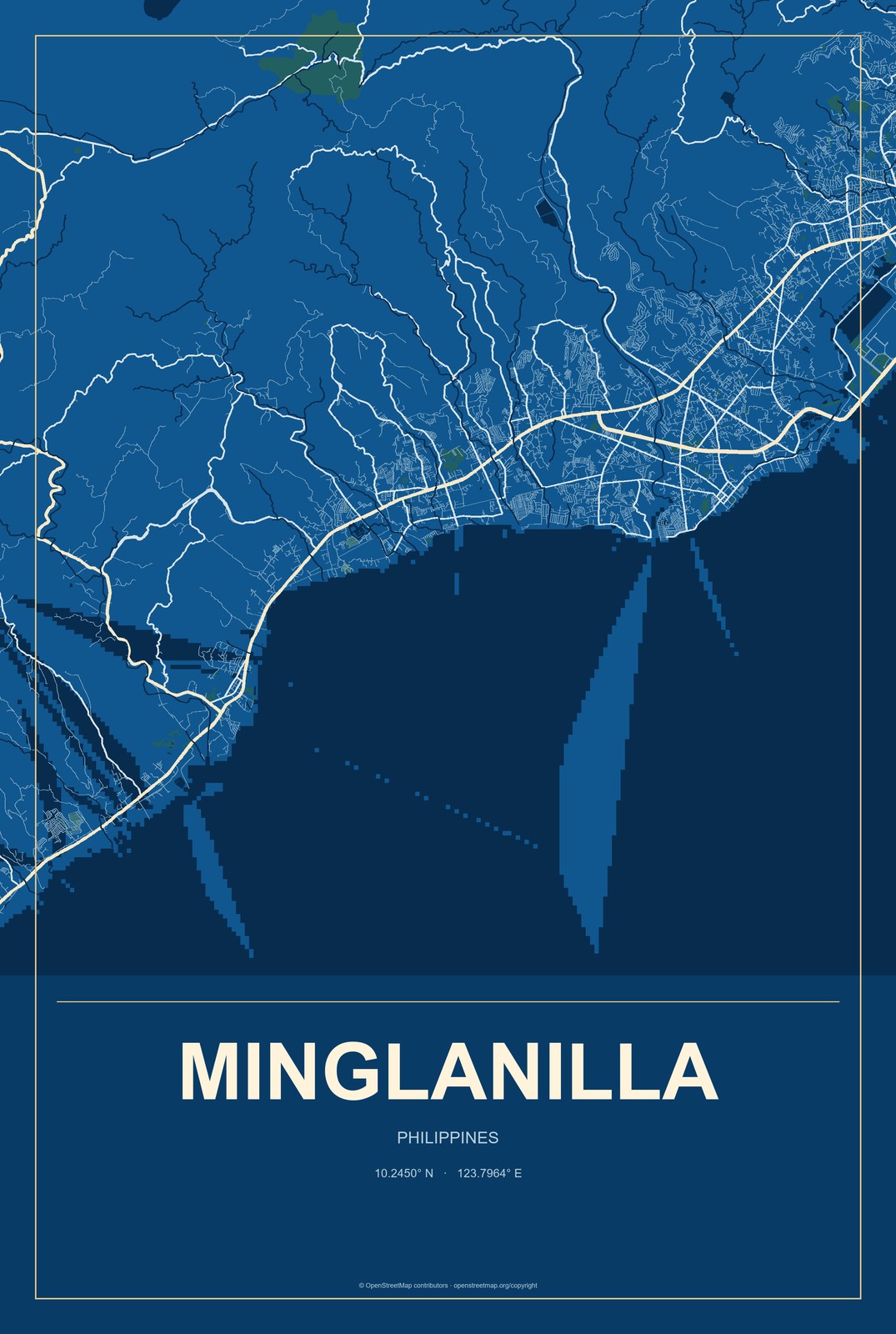 Minglanilla, Philippines City Map Aluminum Sign in Harbor Cobalt style