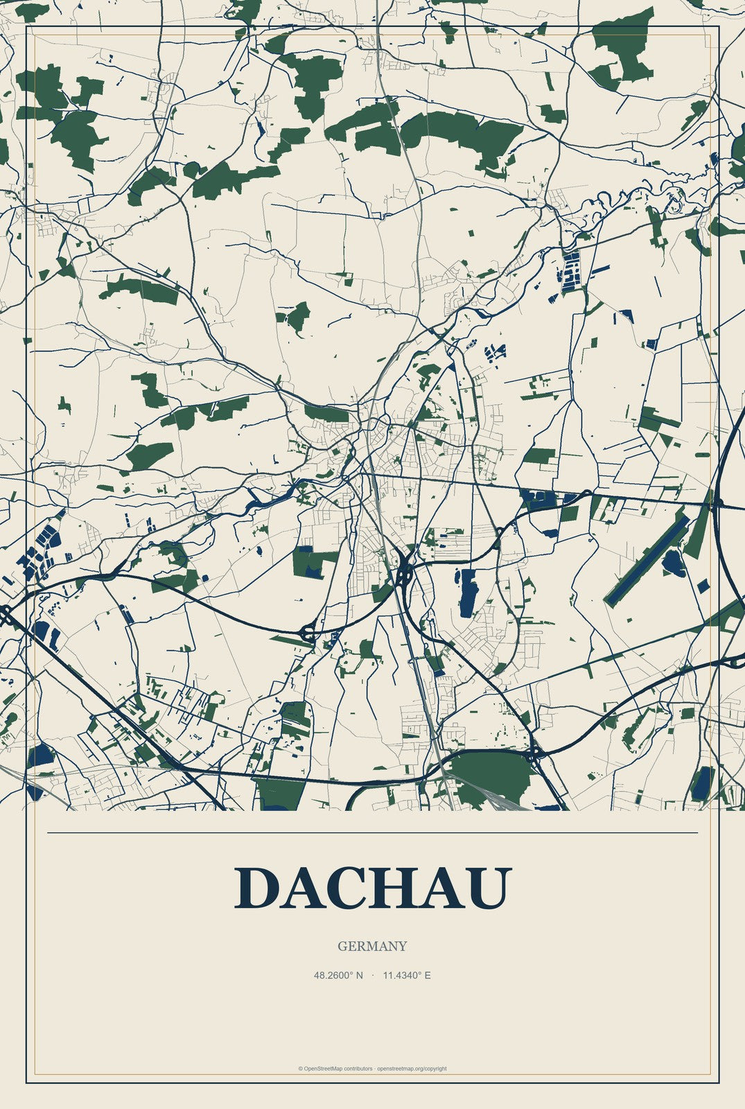 Dachau, Germany City Map Aluminum Sign in Coastal Cutout style