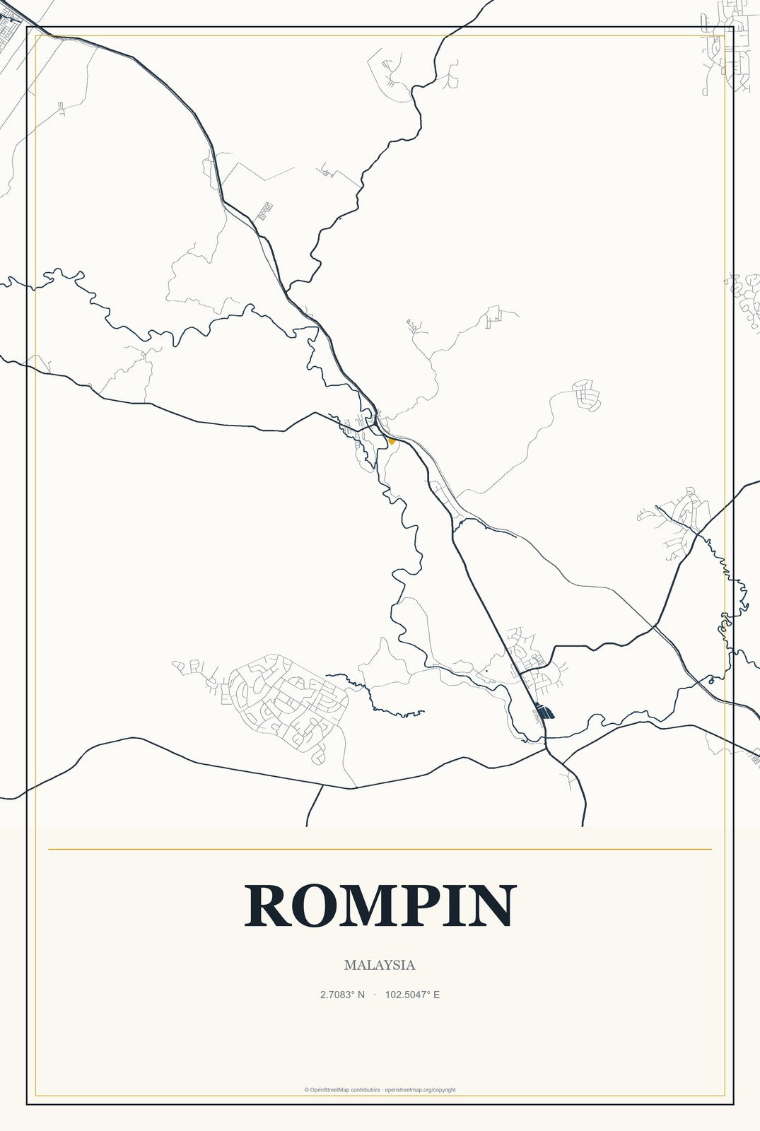 Rompin, Malaysia City Map Aluminum Sign in Citrine Modern style