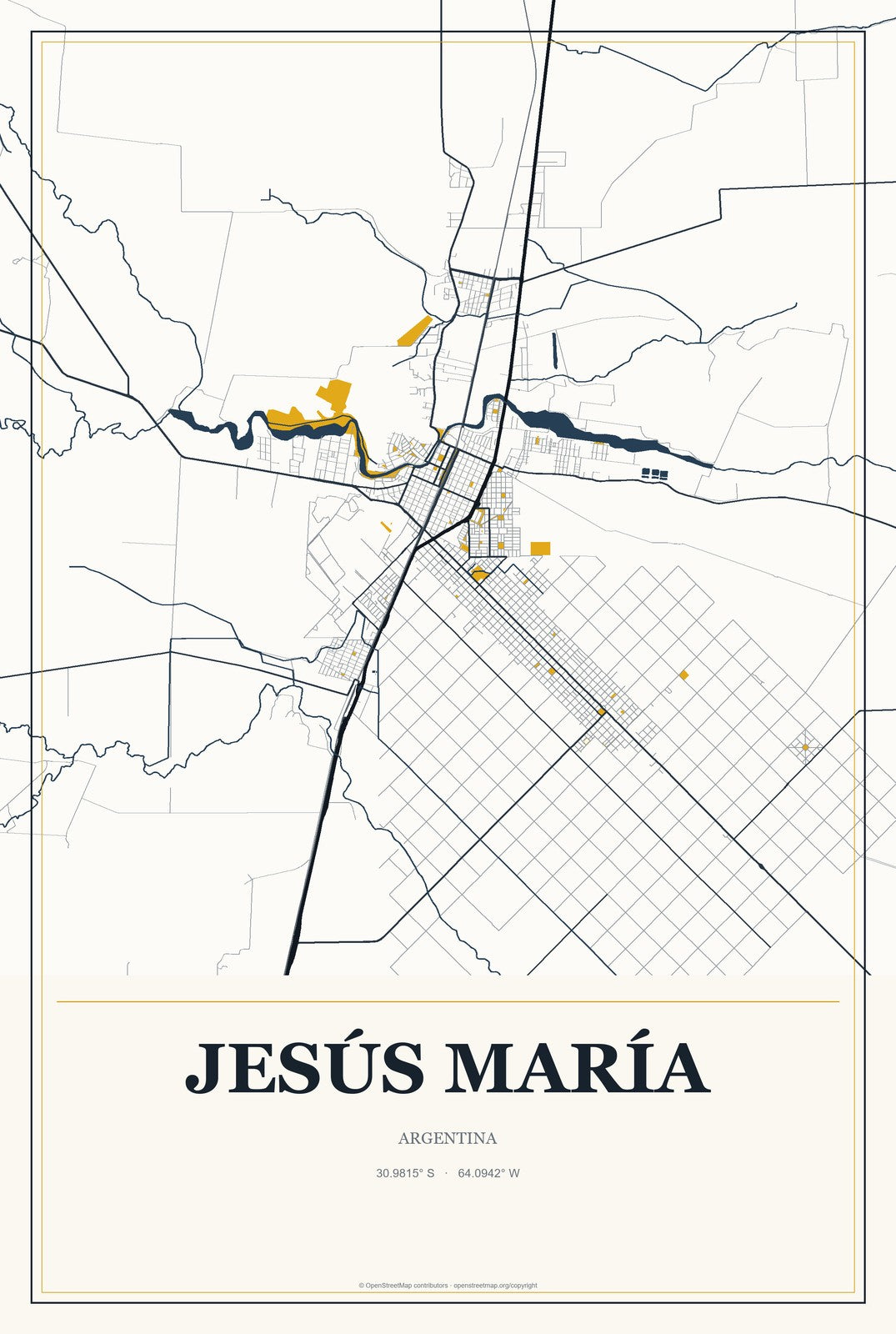 Jesús María, Argentina City Map Aluminum Sign in Citrine Modern style