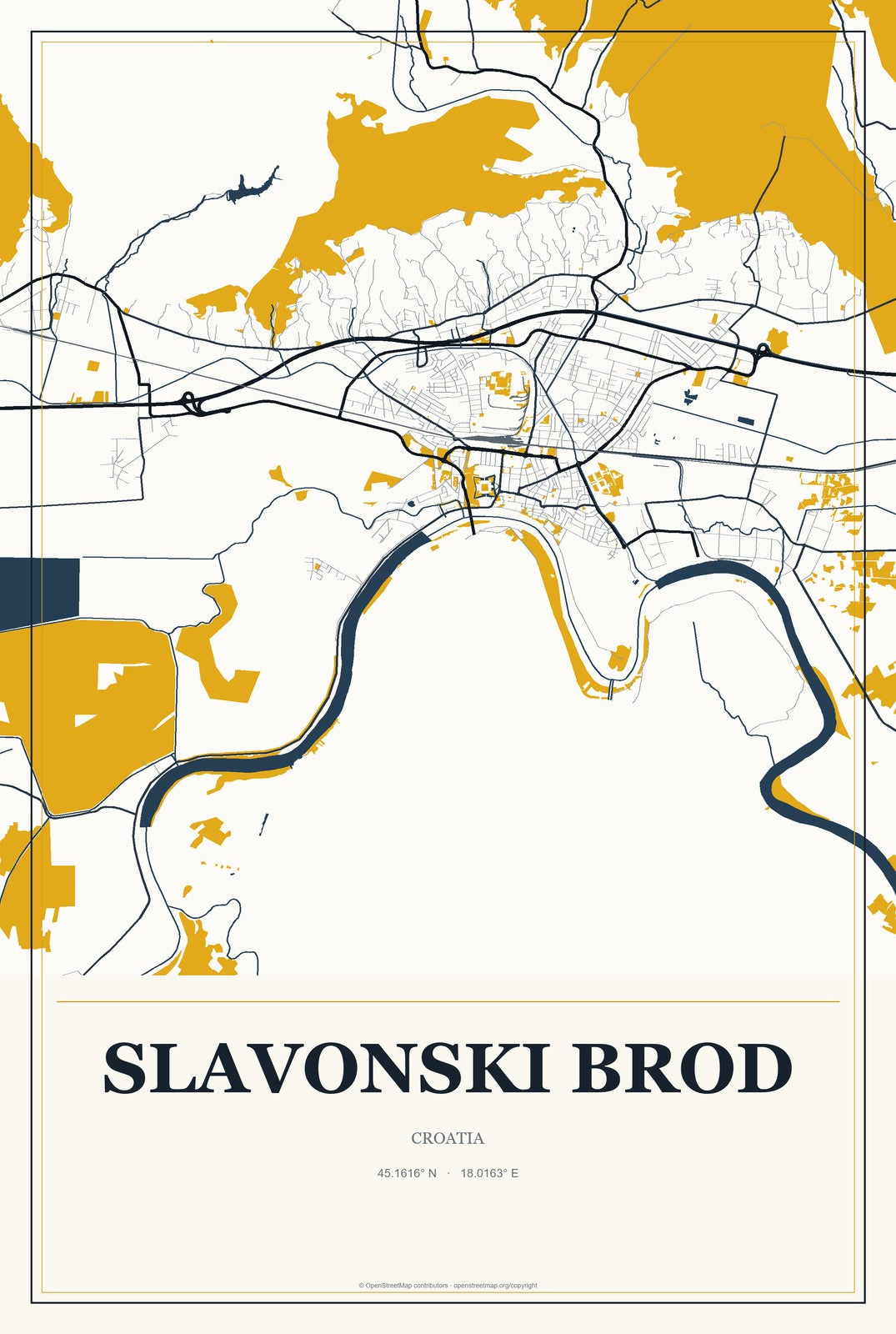 Slavonski Brod, Croatia City Map Aluminum Sign in Citrine Modern style
