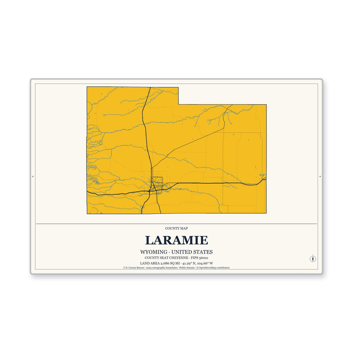 Laramie County, Wyoming Map Aluminum Sign in Citrine Modern style